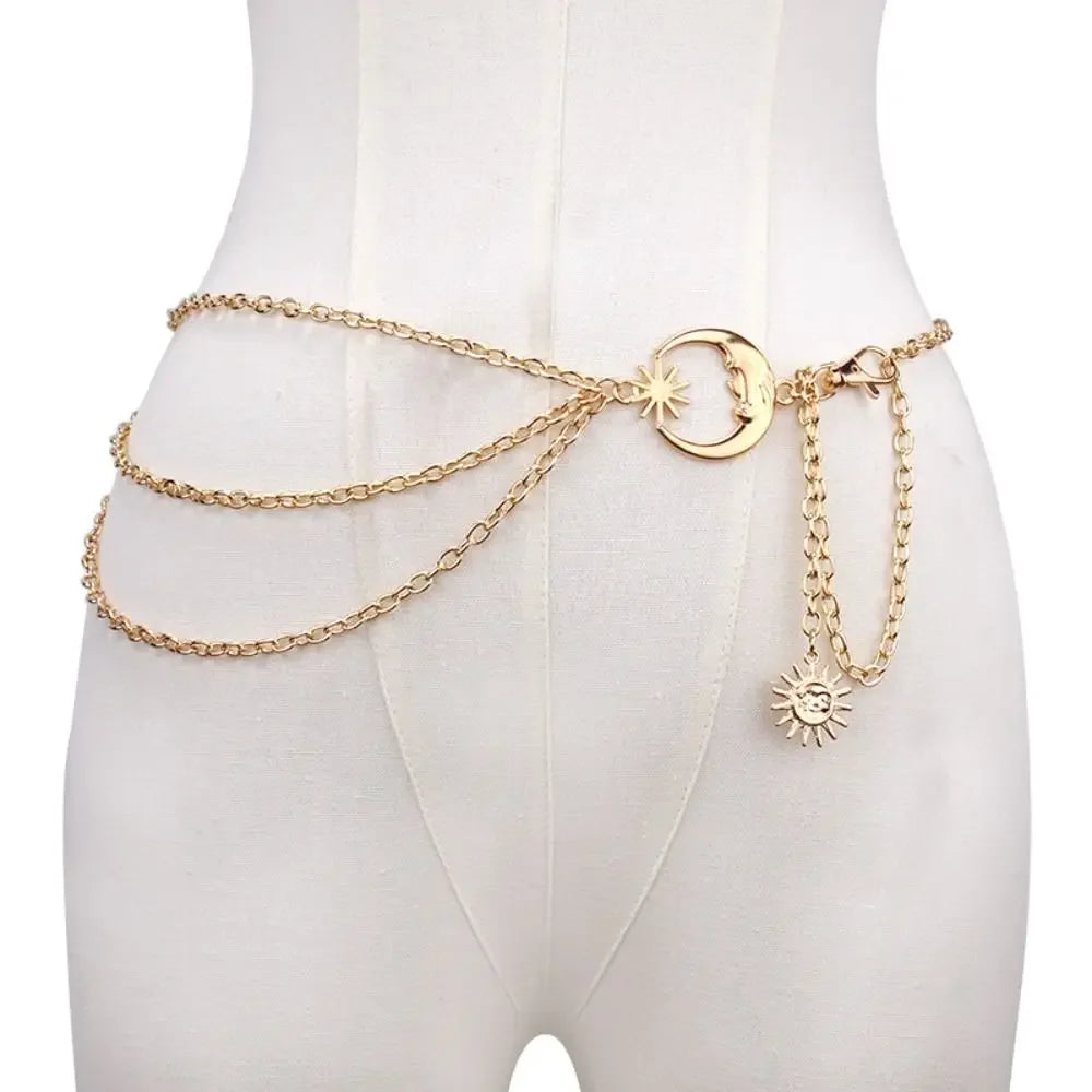 Punk Hip Hop Style Waist Chain Sun Moon Star — Silver | KIMLUD