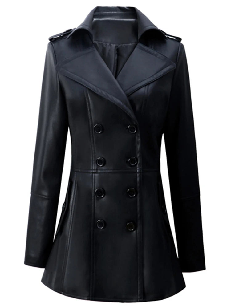 Coats & Jackets – Double Breasted – Faux Leather – Brown | KIMLUD