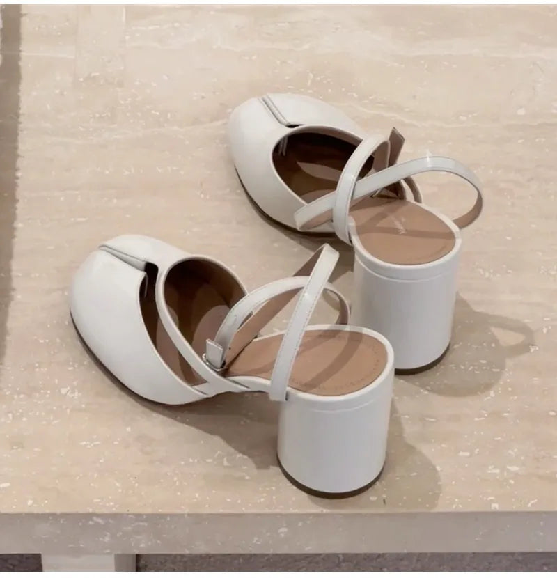 Ins style Fashion Patent Leather Split Toe Women Pumps Spring Summer Thick High heels Slingbacks Female Tabi Chunky Casual Shoes