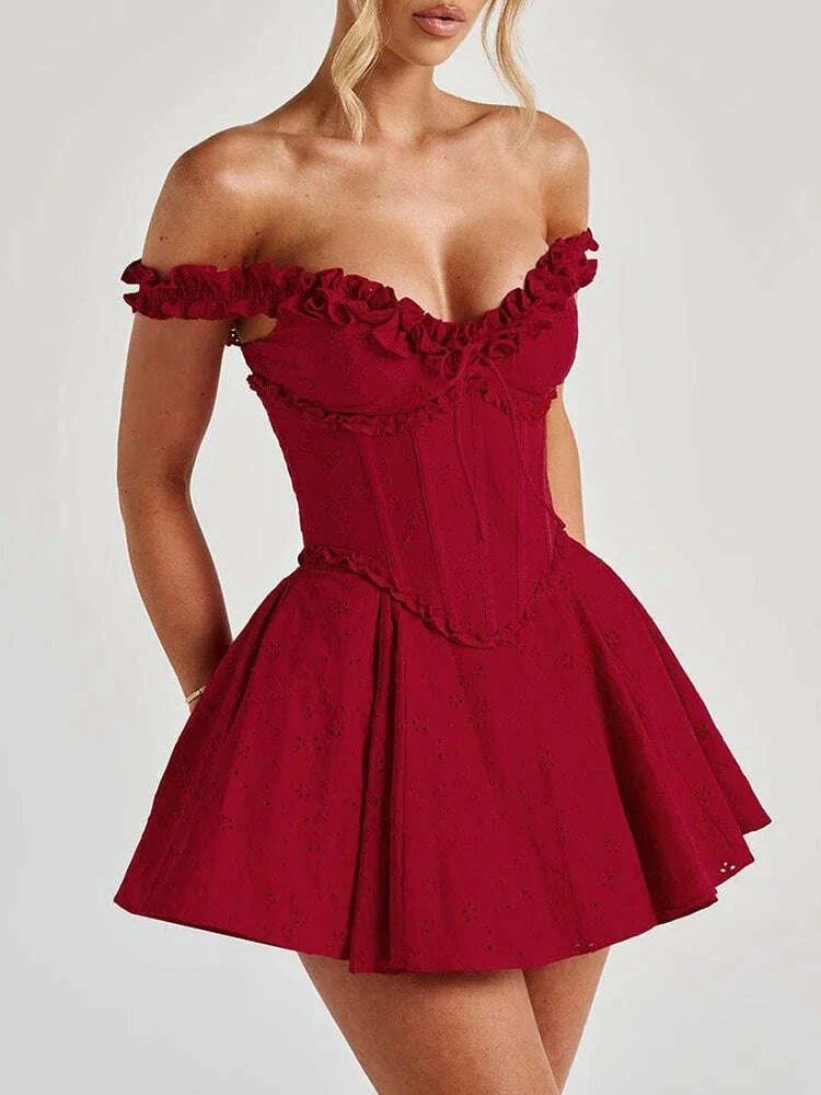 KIMLUD, VC Trendy Red Off-Shoulder V Neck Mini Ruffled Dress with Corset Top for Festival & Event Favorite Gown, KIMLUD Womens Clothes