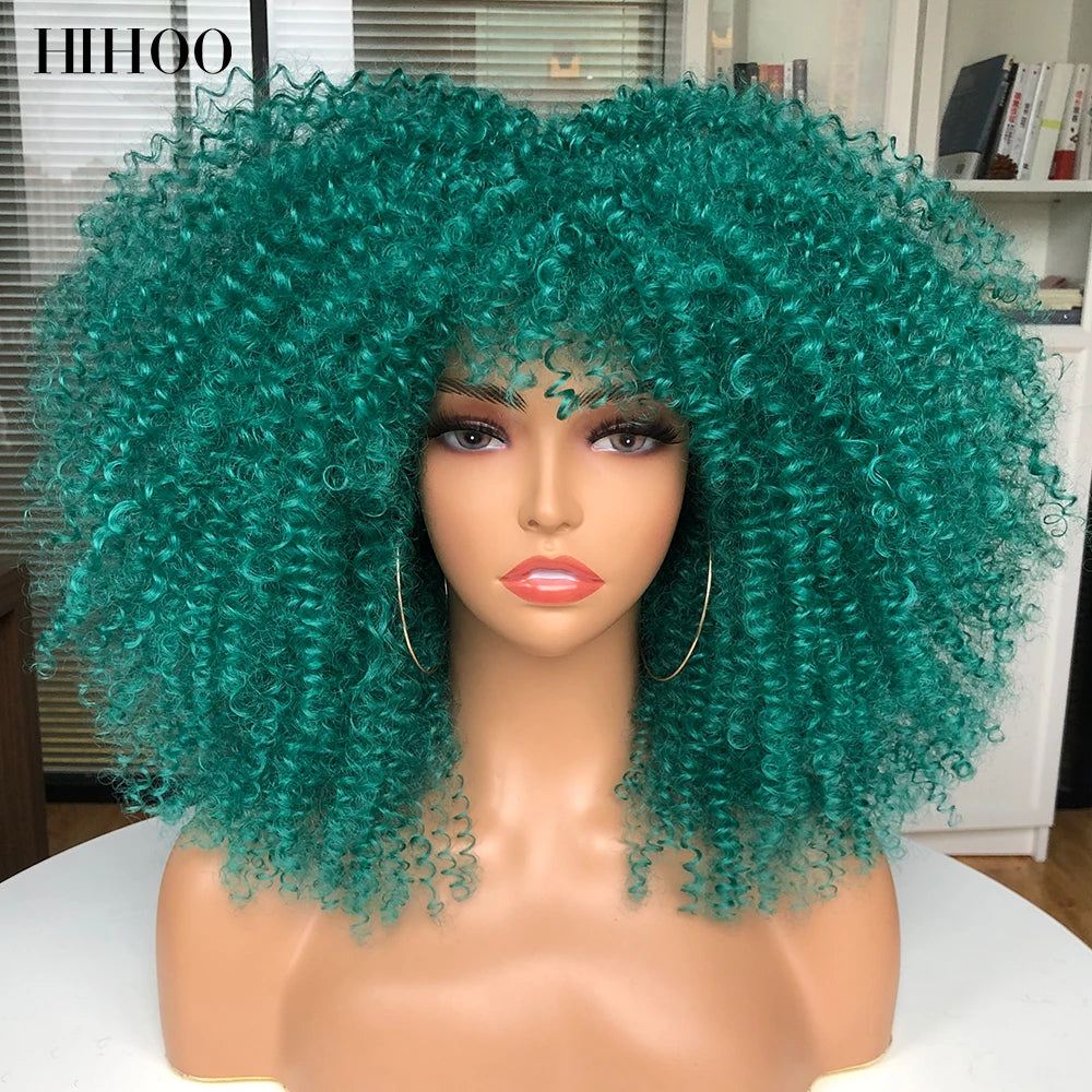 Afro Kinky Curly Hair Wigs With Bangs — Natural Brown Mixed | KIMLUD