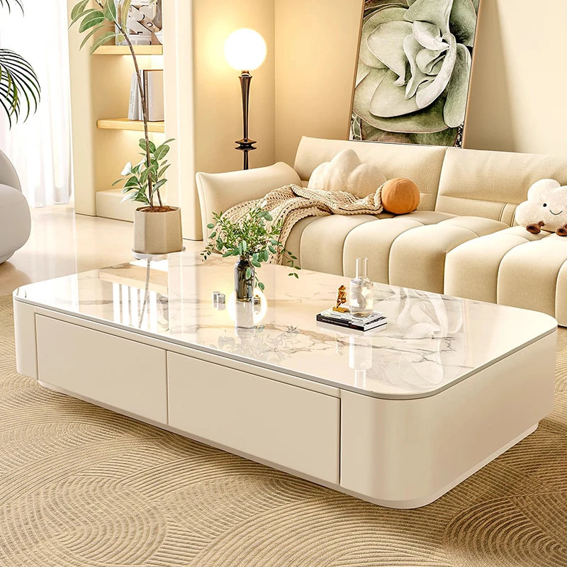 Rock-Slab Coffee Table With Wooden Frame — White | KIMLUD