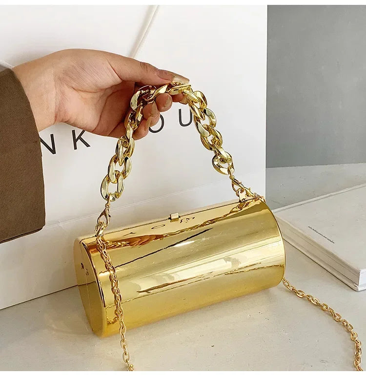 Metallic Cylinder Mini Box Clutch Purse — Gold | KIMLUD