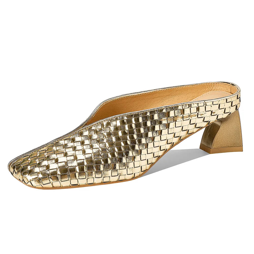 Metallic Cow Leather Slip-On Heels — Gold | KIMLUD