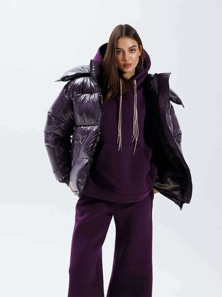 KIMLUD, Chic Glossy Women's Thicken Cotton Coats Hooded Solid Loose Zippers Warm Lady Coat 2025 Winter Casual Female Street Jackets, KIMLUD Womens Clothes