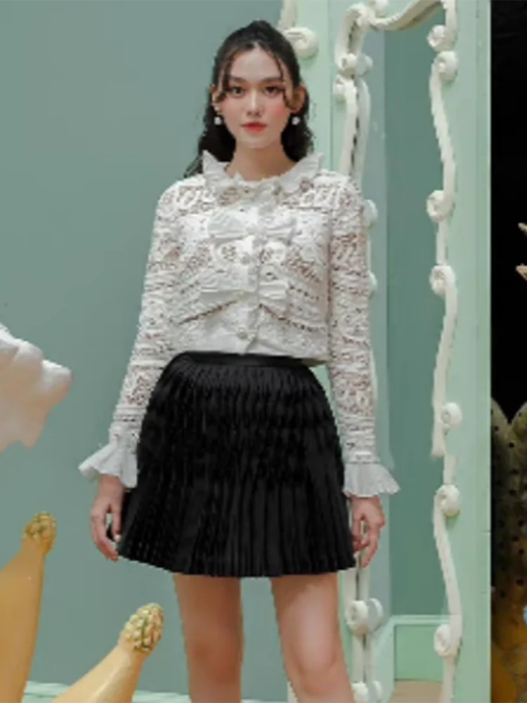 KIMLUD, DEAT Elegant 2 Pcs Set Single Breasted Flare Sleeve Bowkont Top Waist Elastic Pleated Short Skirt Suit Summer 2024 New 13DB7056, KIMLUD Womens Clothes