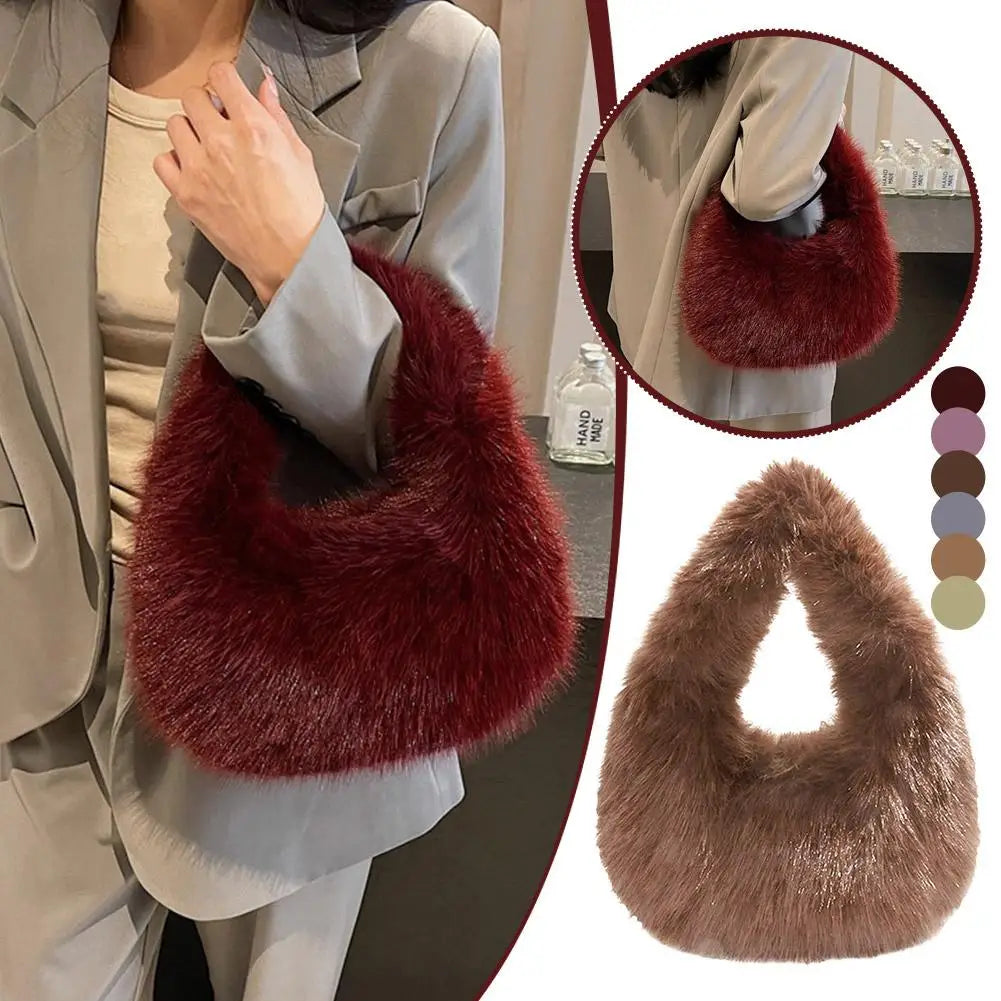 Winter Shoulder Bags Casual Furry for Women Solid Color Soft Plush Ladies Clutch Purse Handbags Lightweight Female Hobos Bag
