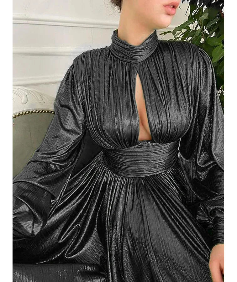 Satin-Effect Polyester Dress With Hanging-Neck — Avocado Green | KIMLUD