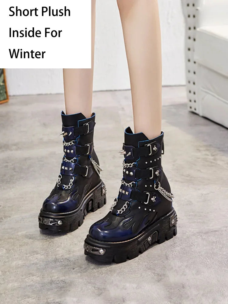 Women's Genuine Leather Motorcycle Boots Rivet Metal Chain Buckle Belt Short Punk Mid-calf Boots Winter Lady Platform Chunky
