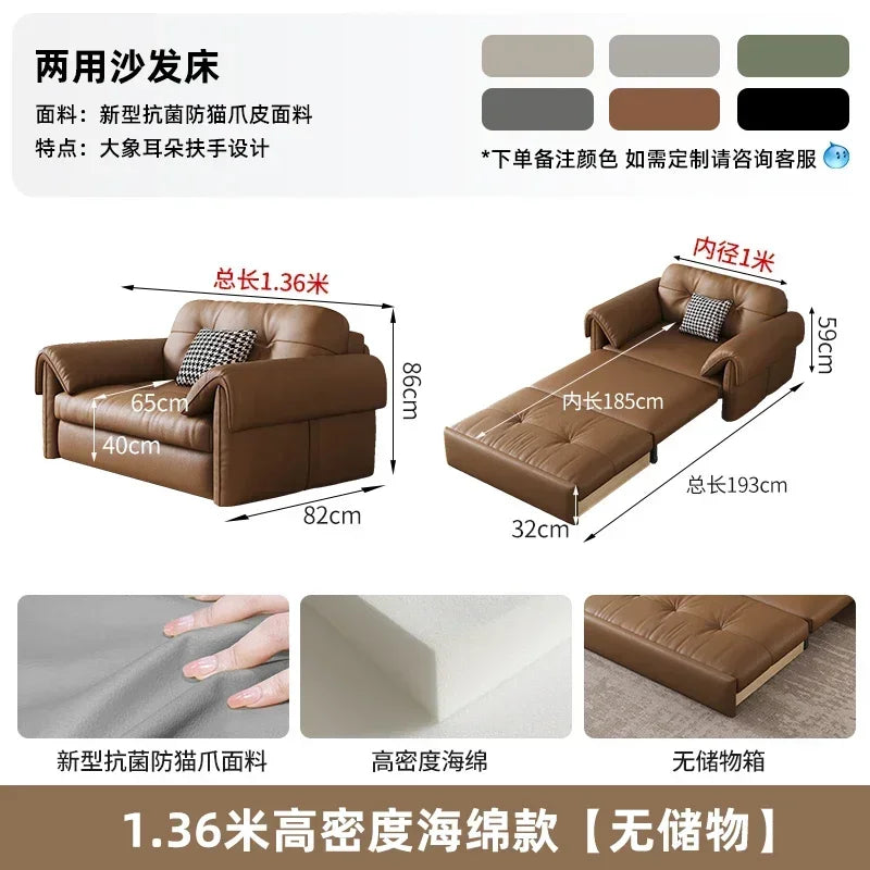 Faux Leather Sofa Bed Italian Modern Silhouette With Convertible Chaise Lounge — Brown | KIMLUD