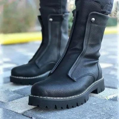 2026 New Big Size Men's Fashion High Top Round Toe Boots PU Leather Shoes Black Stylish Thick Soled Boot Short Motorcycle Botas