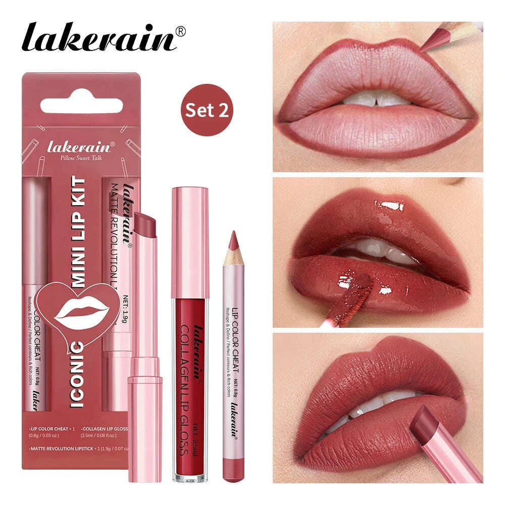 lakerain-3pcs-mini-matte-lipsticklip-glosslip-liner-set-precise-outline-three-dimensional-lip-plumping-lipstick-setkimlud-womens-fashion-34598983
