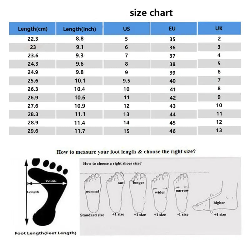 Size chart for shoes with measurements in centimeters, inches, US, EU, and UK sizes.