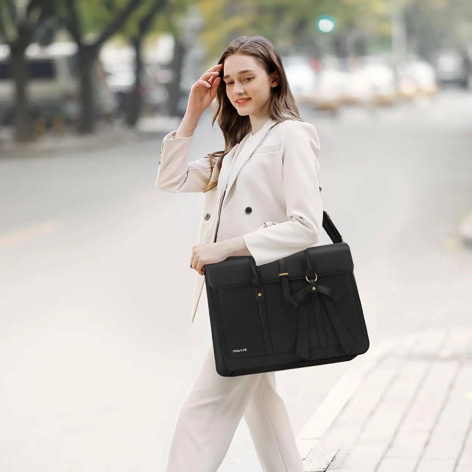 PU Leather Tote Bag 15.6 Inch Laptop Compartment Bow Strap Accent — Coral Pink | KIMLUD