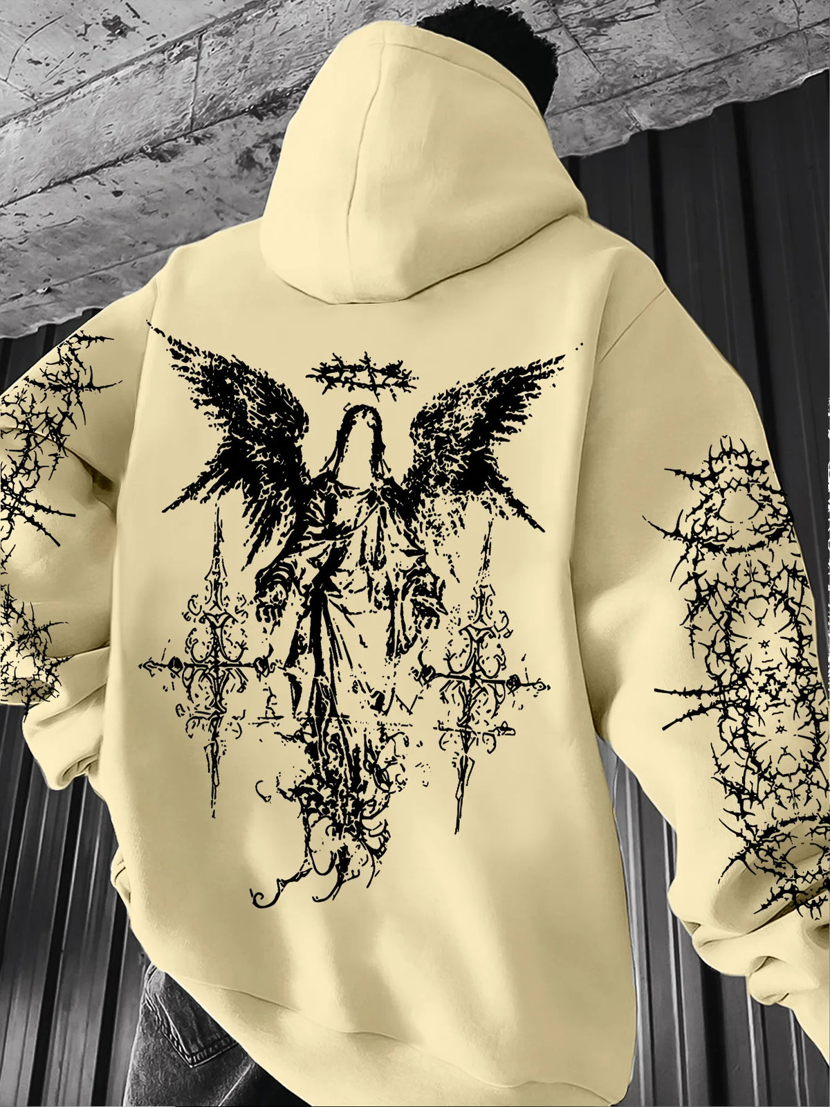 Hooded Sweatshirt – Angel Graffiti Thorn Print – Polyester – Regular Fit | KIMLUD