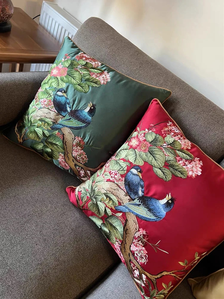 Luxurious Embroidered Silk-like 2 Magpies Square Home Sofa Decorative Pillow Case 3 Colors No Insert 18x18" 1 Piece Pack