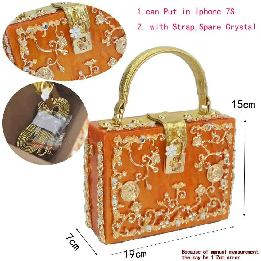 KIMLUD, Box Designer evening bag diamond flower Clutch Bag hollow relief Acrylic luxury handbag banquet party purse women's Shoulder bag, KIMLUD Womens Clothes