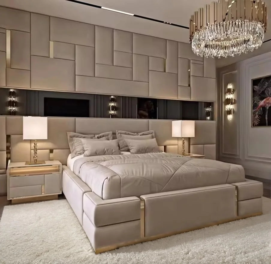 Italian Latest Luxury Bedroom Furniture Set High End Home Leather Double Bed Big Tall Headboard Modern King Size Bed