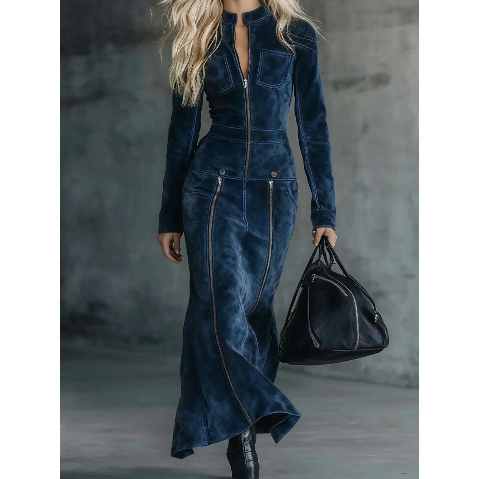 KIMLUD, French Vintage-Inspired Faux Suede Multi-Zip Slim-Fit Dress for Women Elegant Stand Collar Long Sleeve Chic Ethnic Long Dress, KIMLUD Womens Clothes