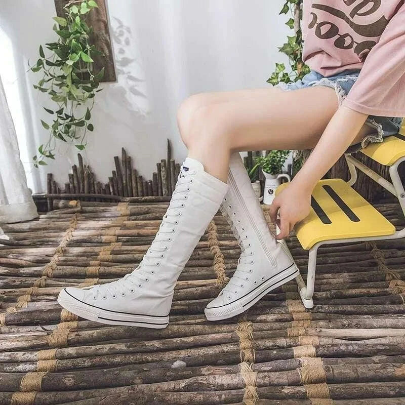 KIMLUD, 2025 New High Top Canvas Shoes for Women's Korean Edition Long Boot Lace-Up Zipper Comfortable Boot Zapatos De Mujer Tendencia, KIMLUD Womens Clothes