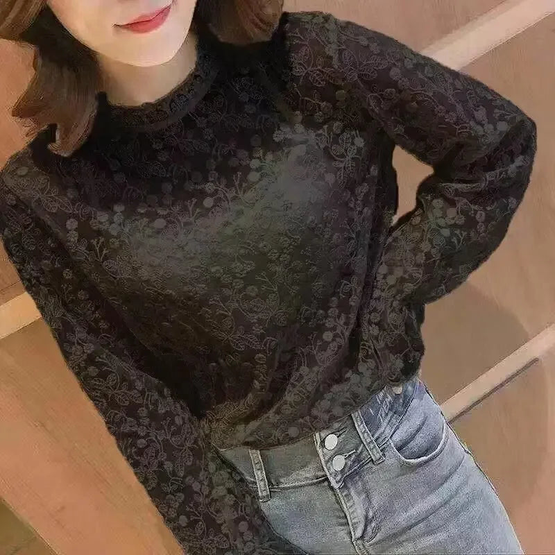M-3XL Lace Blouses Women Sweet Flare Sleeve Elegant Inside Basic Ladies Designer Aesthetic Classical Temper Chic Korean Fashion