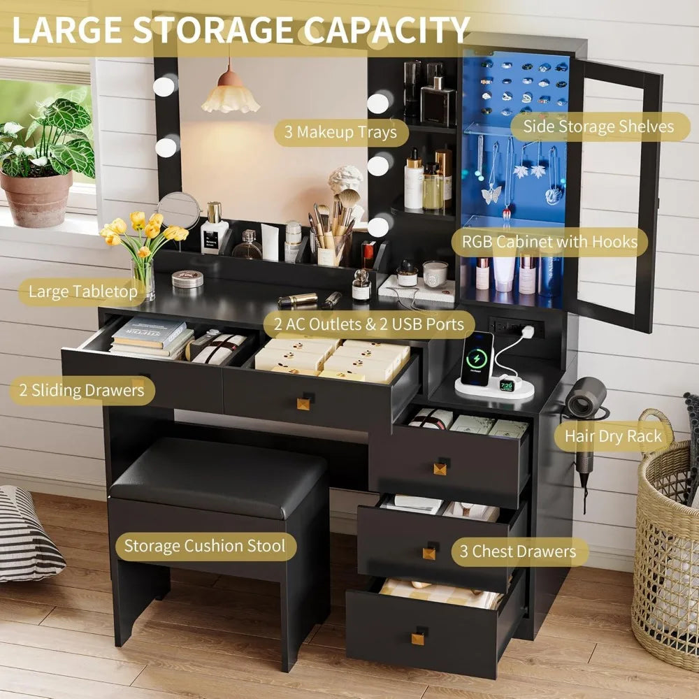 Vanity Desk with Mirror and Lights, Makeup Vanity Table Set with 5 Storage Drawers, Power Outlet & Chair, Small Dressing Table