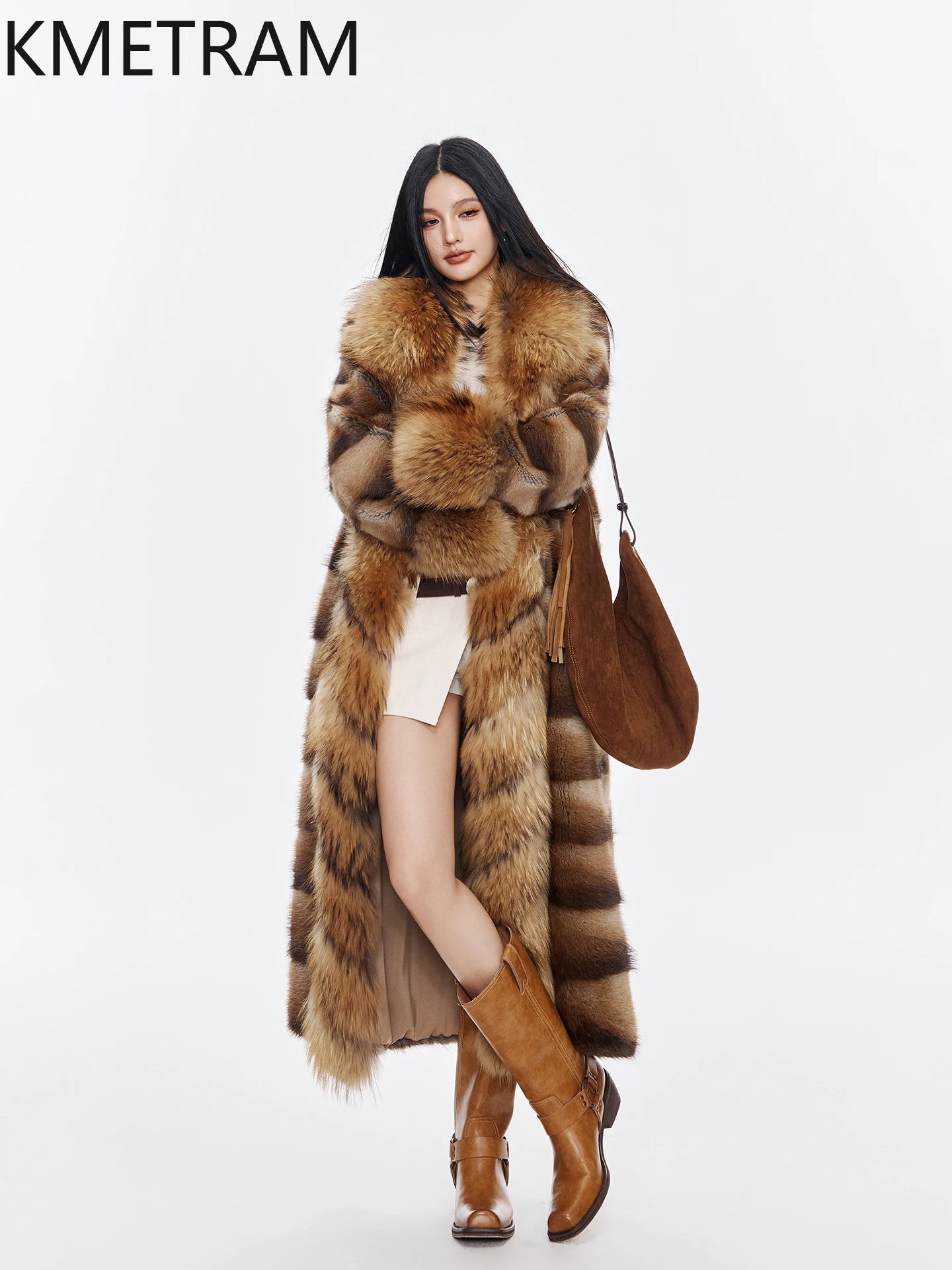 Luxurious Muskrat Fur Solid Long Coat — Natural | KIMLUD