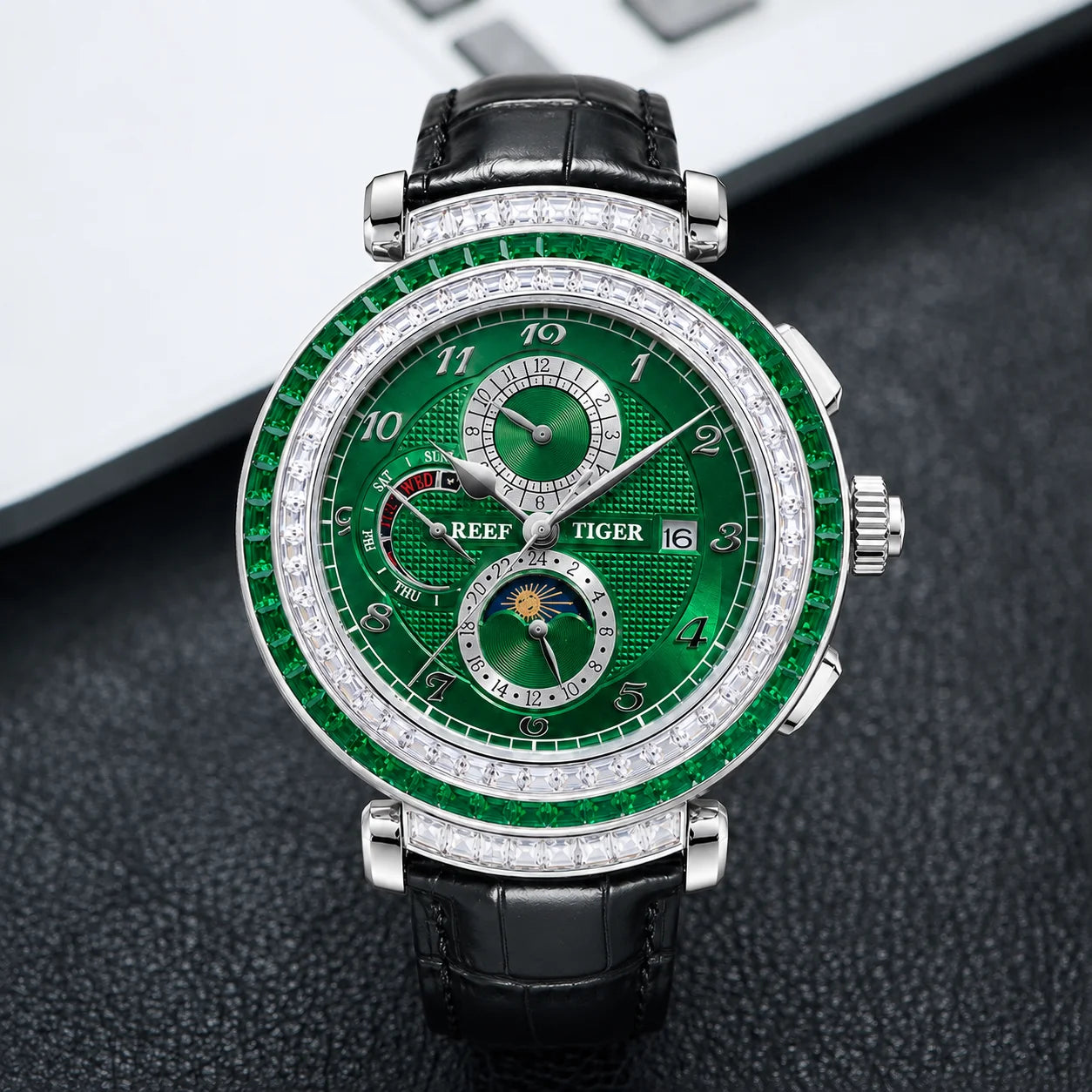 Men's Dress Watch – Moon Phase Date – Leather Strap – Green | KIMLUD