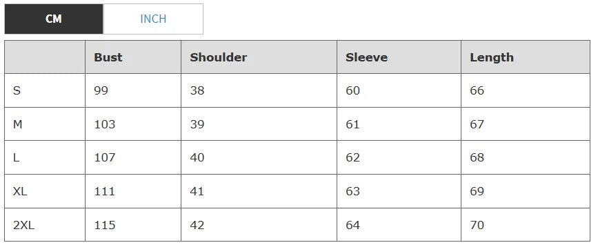 Measurement chart for clothing sizes with various dimensions listed.