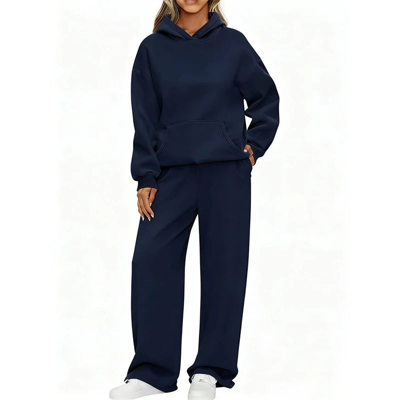 Terry Knit Hoodie Two-Piece Set Relaxed — Black | KIMLUD