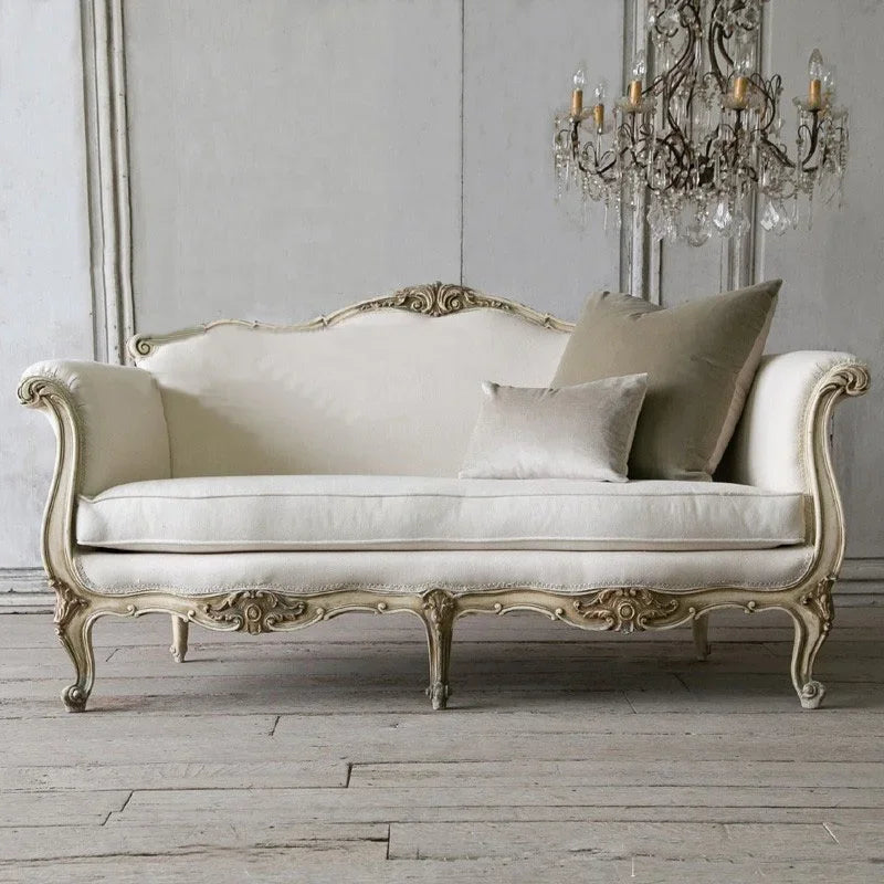 Velvet Sofa Three-Seat Carved Wood — Ivory | KIMLUD