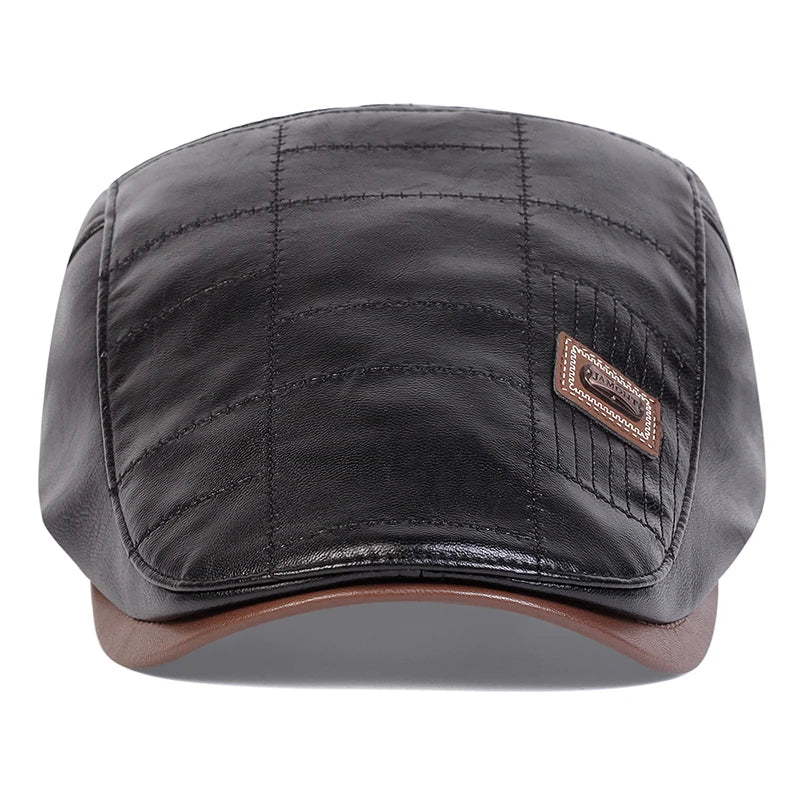 PU Leather Newsboy Cap Retro British Painter Hat — Black | KIMLUD