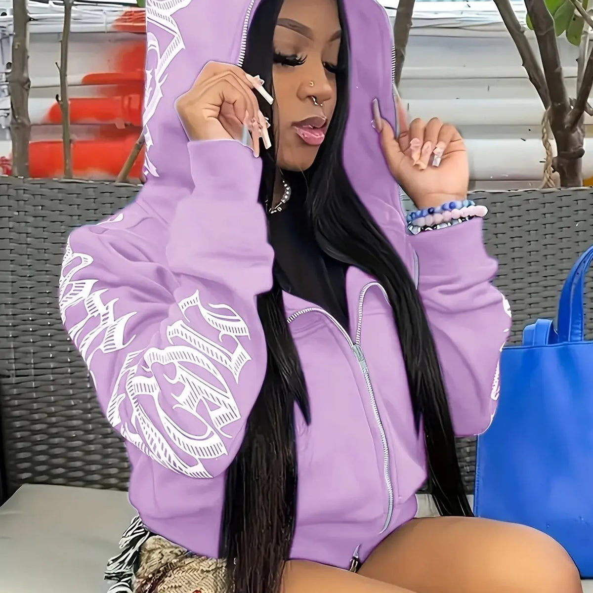 Hoodie Sweatshirt – Letter Print Zip Up – Polyester Spandex | KIMLUD