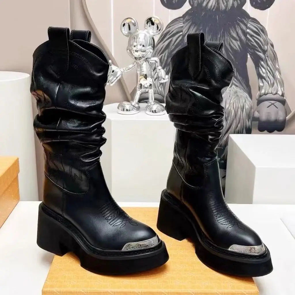 Genuine Leather Riding Boots Mid-Calf — Black | KIMLUD