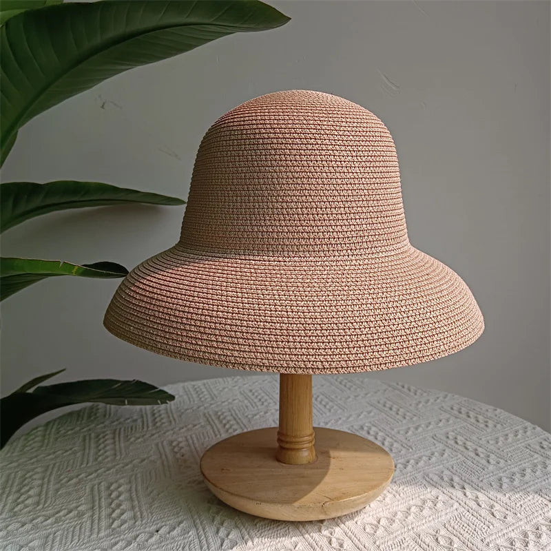 Straw Hepburn Sun Hat Wide Brim Foldable — Natural | KIMLUD