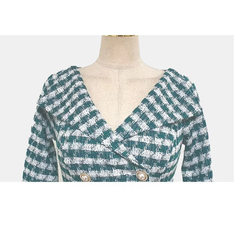 Long-sleeved Plaid Small Fragrance V-neck Women Dress Slim Double-breasted Korea Chic Elegant Vintage Spring Autumn Mini Dress - KIMLUD