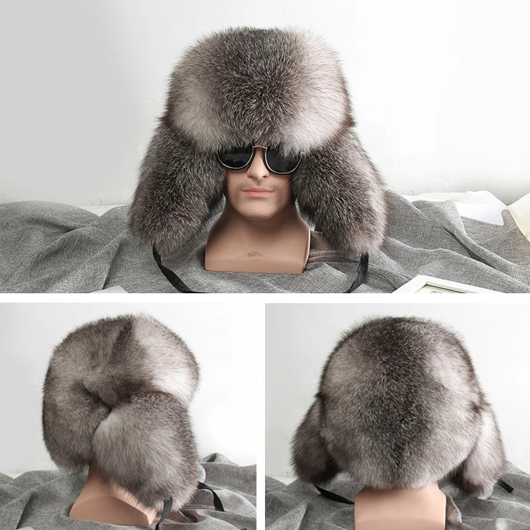 2025 Winter 100% Real Silver Fox Fur Bomber Hat Raccoon Fur Ushanka Cap Trapper Russian Men's Ski Hats Caps
