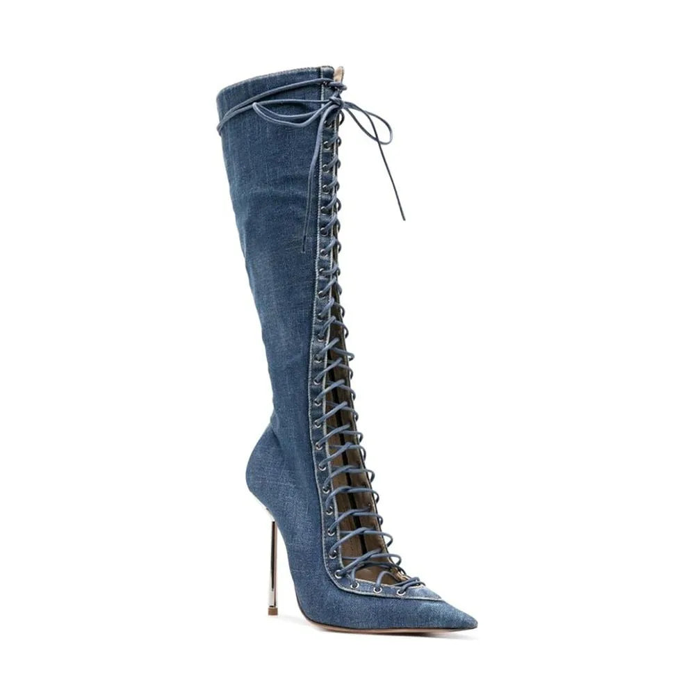 Mesh Leopard Cross Tie Knee-High Boots — Gray | KIMLUD