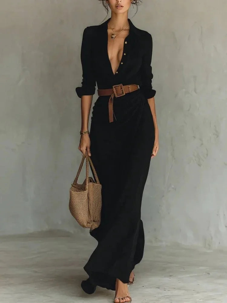 Elegant Solid Color Irregular Pleated Dress Belt Women's Autumn New Item Single Breasted Long Sleeved Shirt Long Frock Vestidos