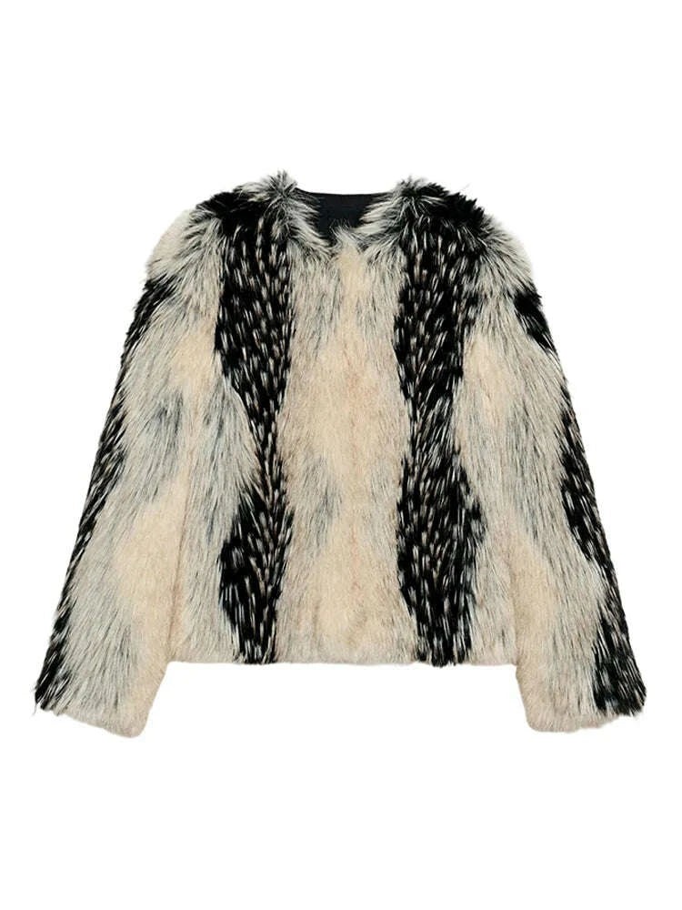 KIMLUD, Stylish Contrast Faux Fur Women Coat Elegant O-neck Single Breasted Full Sleeve Female Coats 2025 Winter Chic Lady Jacket, KIMLUD Womens Clothes