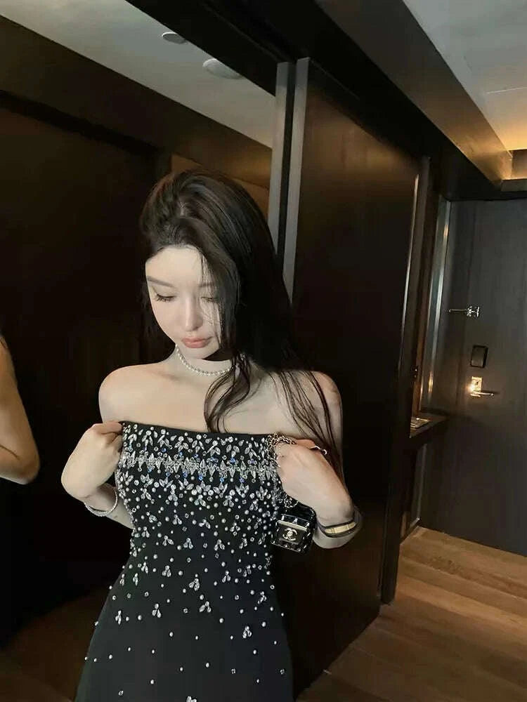 KIMLUD, Spring Women Sleeveless Slash Neck Mini Dress New Luxury Diamonds Chest Wrapping Dresses Summer High Waist Backless A-line Dress, KIMLUD Womens Clothes