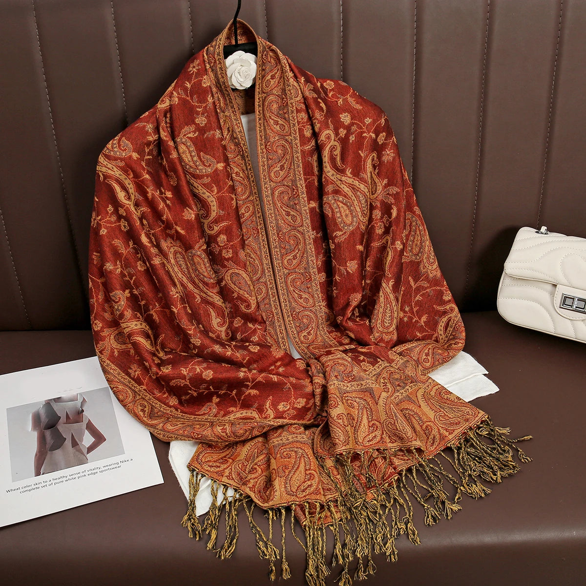 Cashmere Pashmina Shawl With Autumn Print Design, Olive Accents And Gold-Toned Fringe — Red | KIMLUD