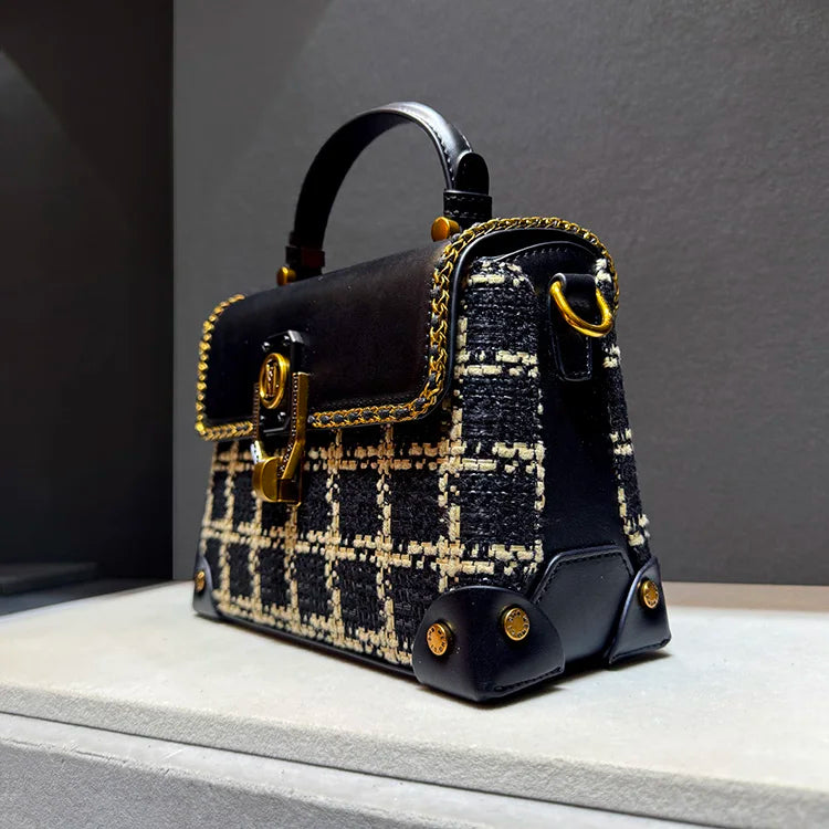 Leather Plaid Structured Crossbody Box Bag — Black | KIMLUD