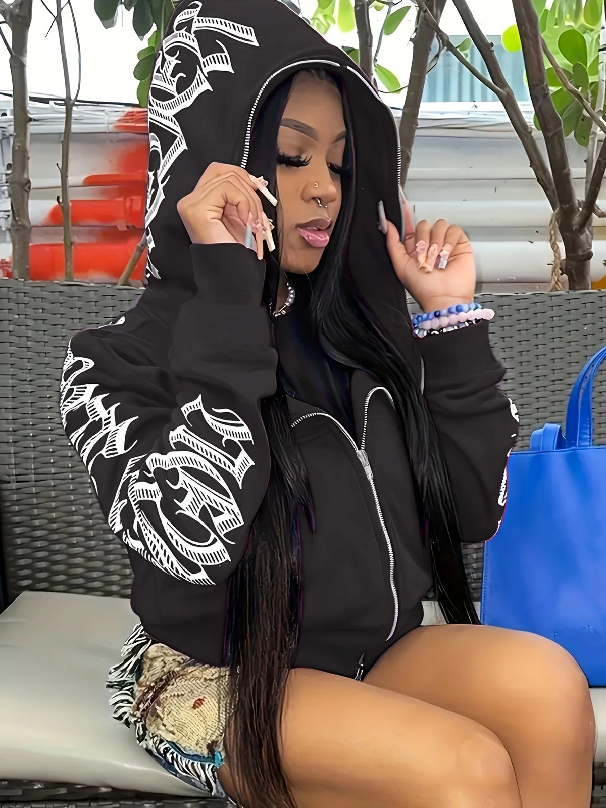 Hoodie Sweatshirt – Letter Print Zip Up – Polyester Spandex | KIMLUD