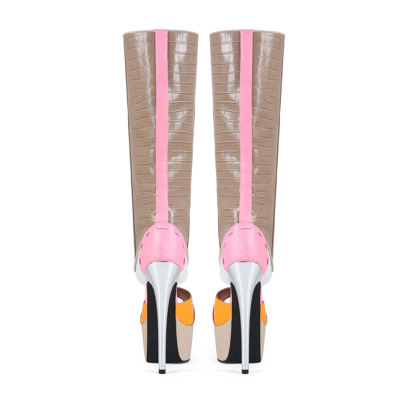 Crocodile-Pattern Patchwork Leather Boots — Beige-Tan | KIMLUD