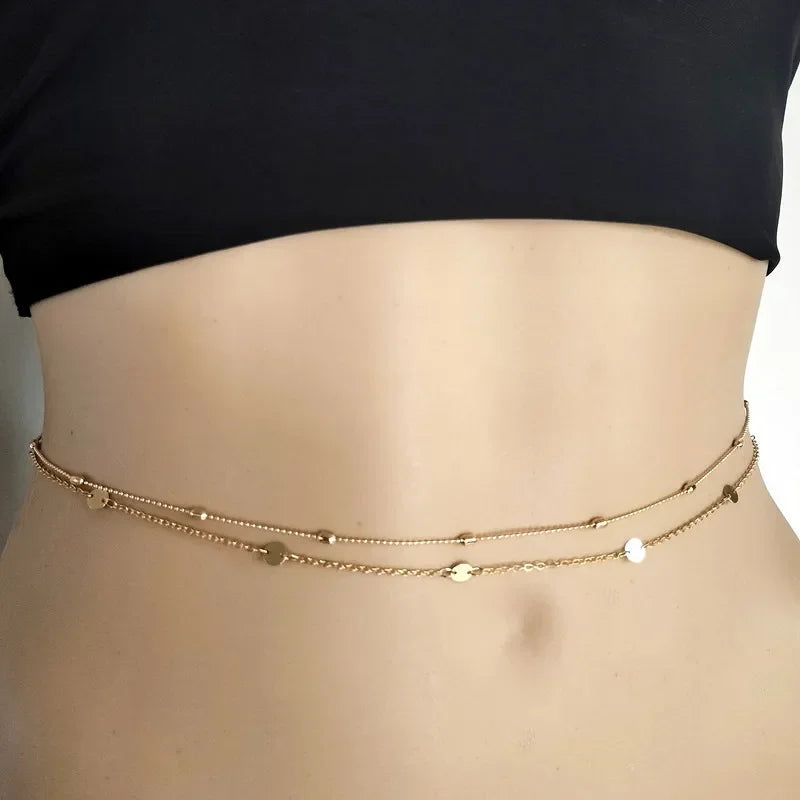 Gold-Tone Double-Layer Crystal Bead Waist Chain — Pastel Multicolor | KIMLUD