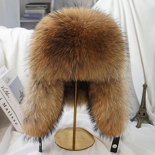 Fashion Winter Men's 100% Real Silver Fox Fur Bomber Hat Raccoon Fur Ushanka Cap Trapper Russian Man Ski Hats Caps Real Leather