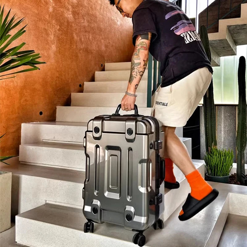 Aluminum Frame Solid Luggage With Wheels — Silver | KIMLUD