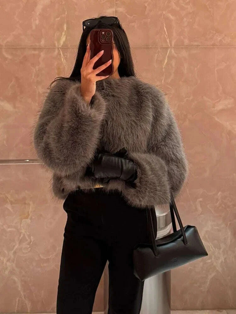 KIMLUD, Women Patchwork Faux Fur Coat Elegant Contrast Full Sleeve Lapel Loose Long Staple Plush Jacket Winter High Street Outerwears, KIMLUD Womens Clothes