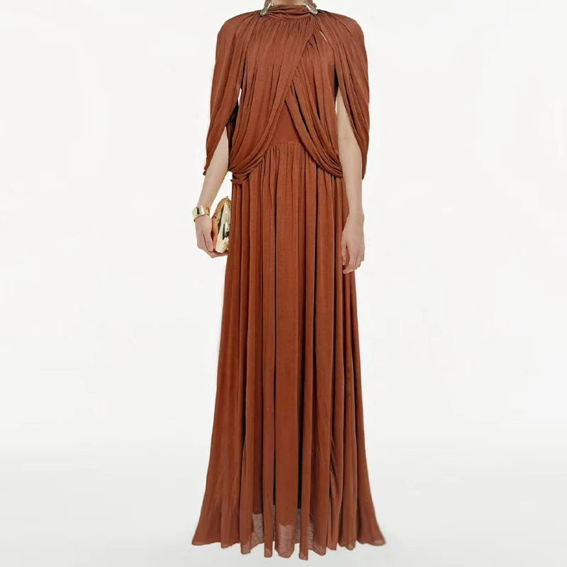 Brocade Gown Cross-Sleeved Ruched Form-Fitting With O-Neck And Ankle-Length Silhouette — Champagne Yellow | KIMLUD